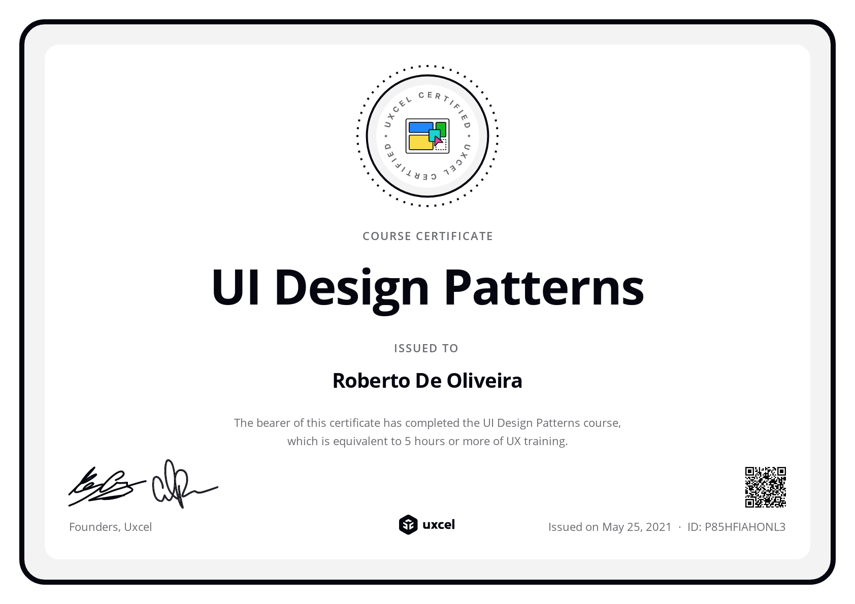 Roberto De Oliveira's certificate